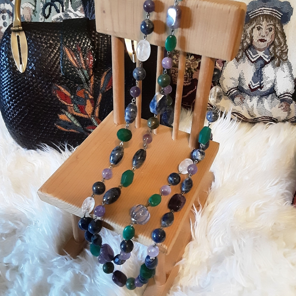 Vintage Carolee Lux Semiprecious Multi-Stone & Sterling Silver Rope Necklace